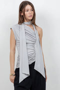 SOFT KNIT ASYMMETRICAL TOP WITH WRAP AROUND SCARF (SLATE GREY)