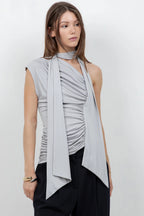 SOFT KNIT ASYMMETRICAL TOP WITH WRAP AROUND SCARF (SLATE GREY)