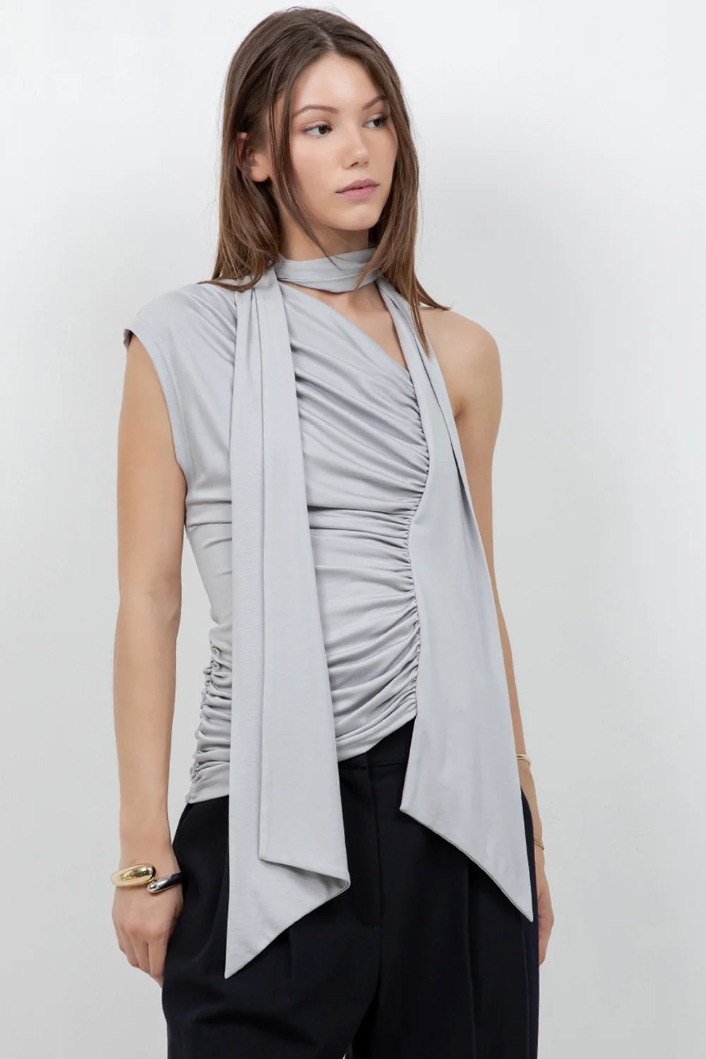 SOFT KNIT ASYMMETRICAL TOP WITH WRAP AROUND SCARF (SLATE GREY)