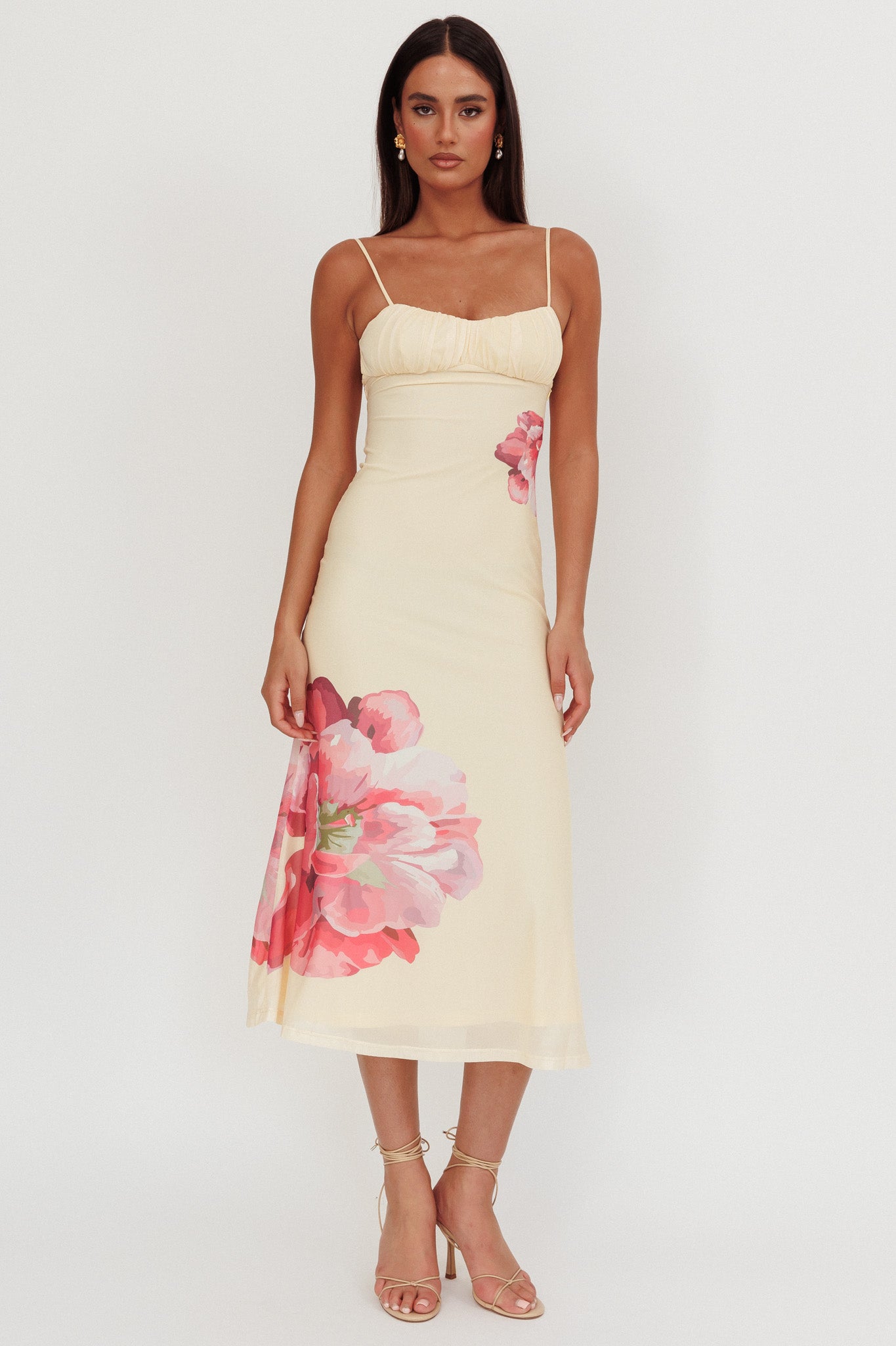PRINTED MESH FLORAL MAXI DRESS