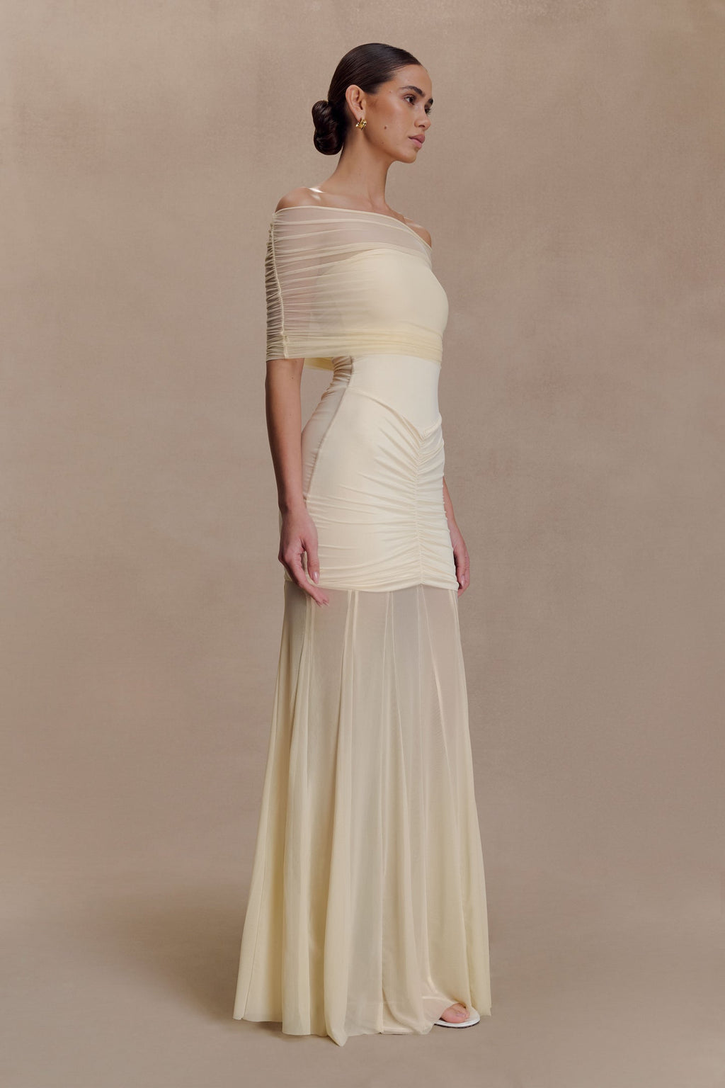 Slinky And Mesh Off Shoulder Maxi Dress - Ivory