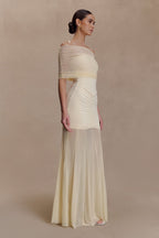 Slinky And Mesh Off Shoulder Maxi Dress - Ivory
