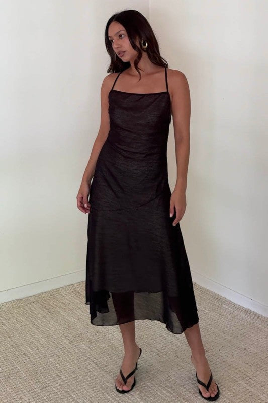 Chiffon Cross Tie Back Asymmetric Hem Midi Dress