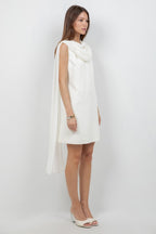 WOVEN MINI DRESS WITH ATTACHED CHIFFON SCARF