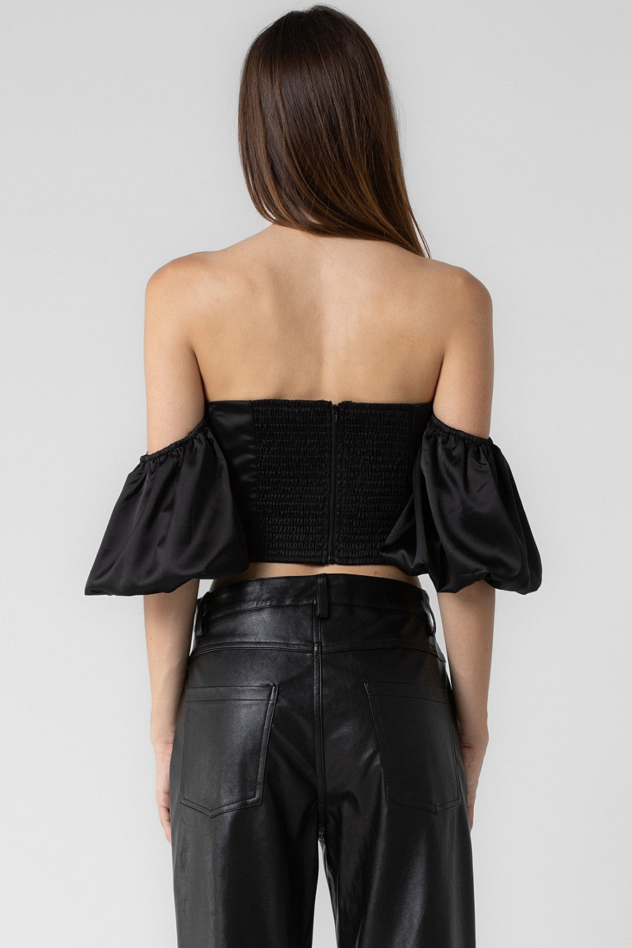 SATIN SHIRRED OFF THE SHOULDER TOP