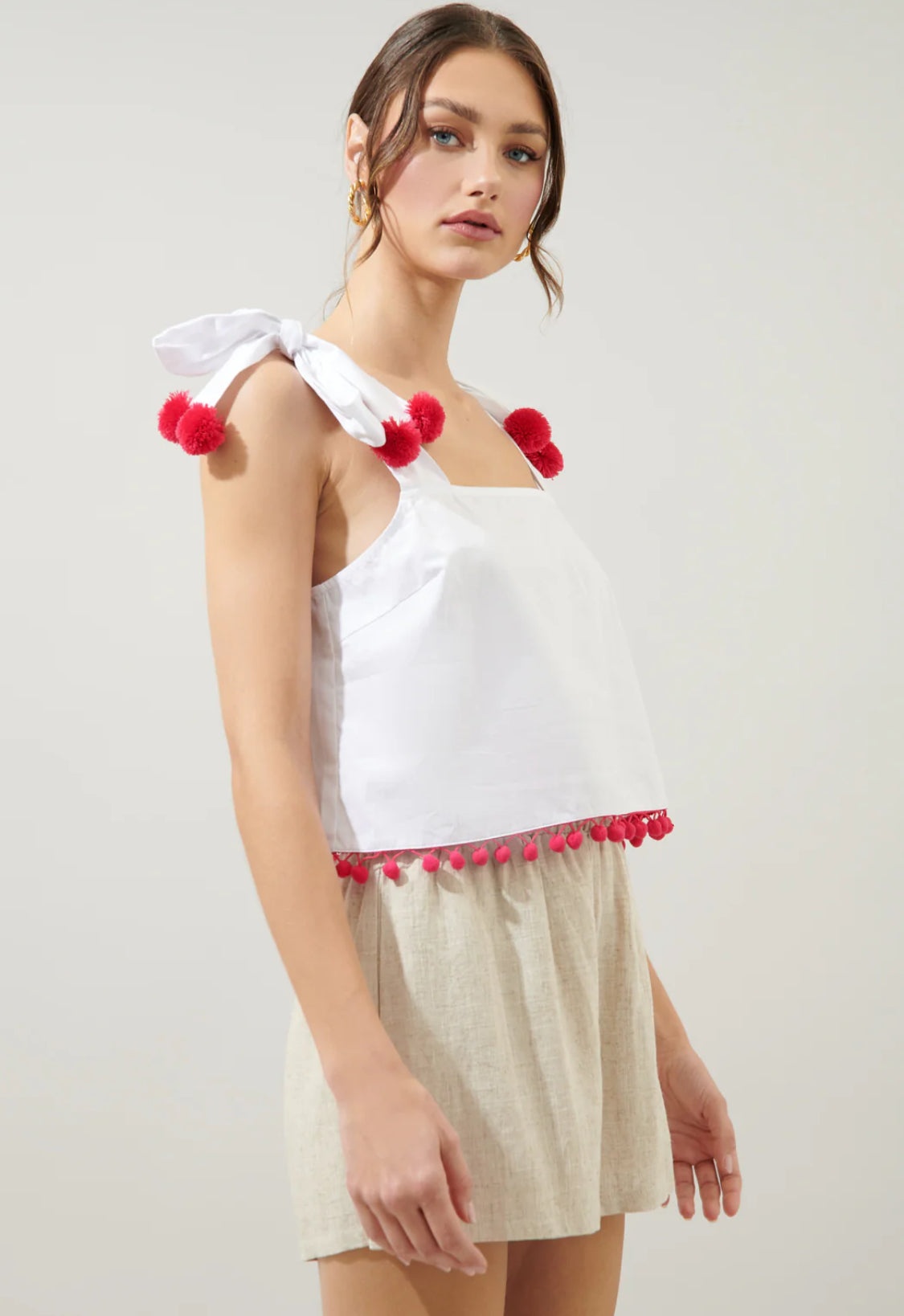 Milagro Tie Strap Cherry Pom Pom Crop Top