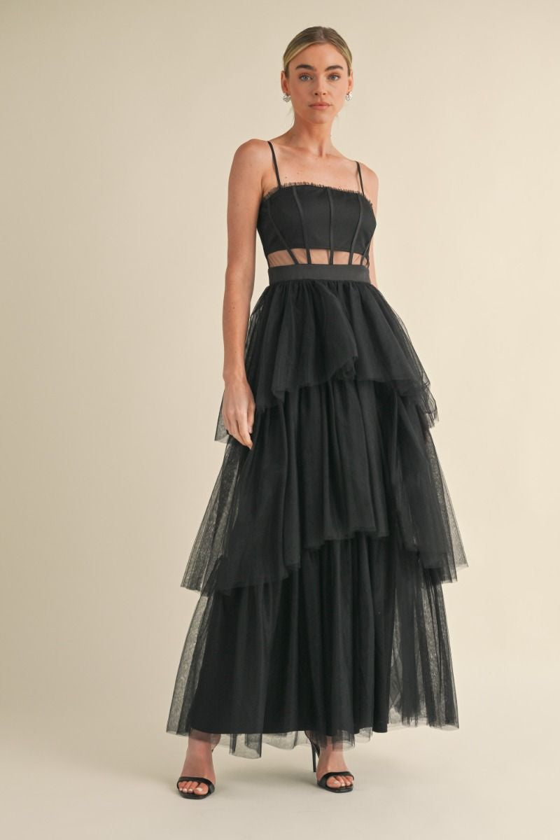 tulle mesh ruffle tiered maxi dress