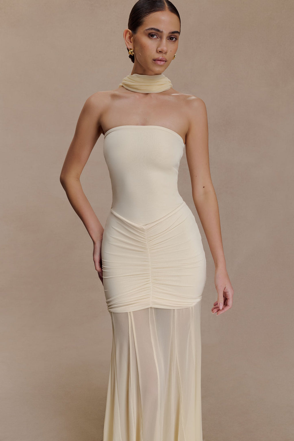 Slinky And Mesh Off Shoulder Maxi Dress - Ivory