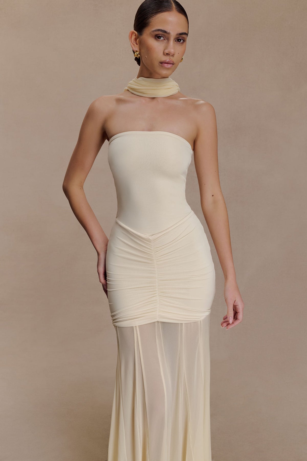 Slinky And Mesh Off Shoulder Maxi Dress - Ivory