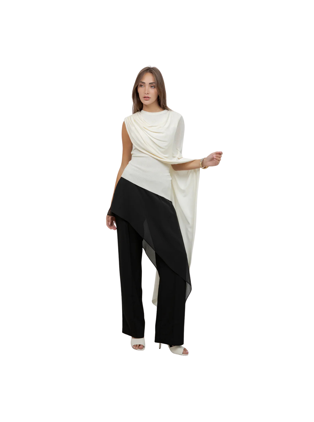KNITTED BODYSUIT WITH CONTRAST MESH DRAPE CAPE