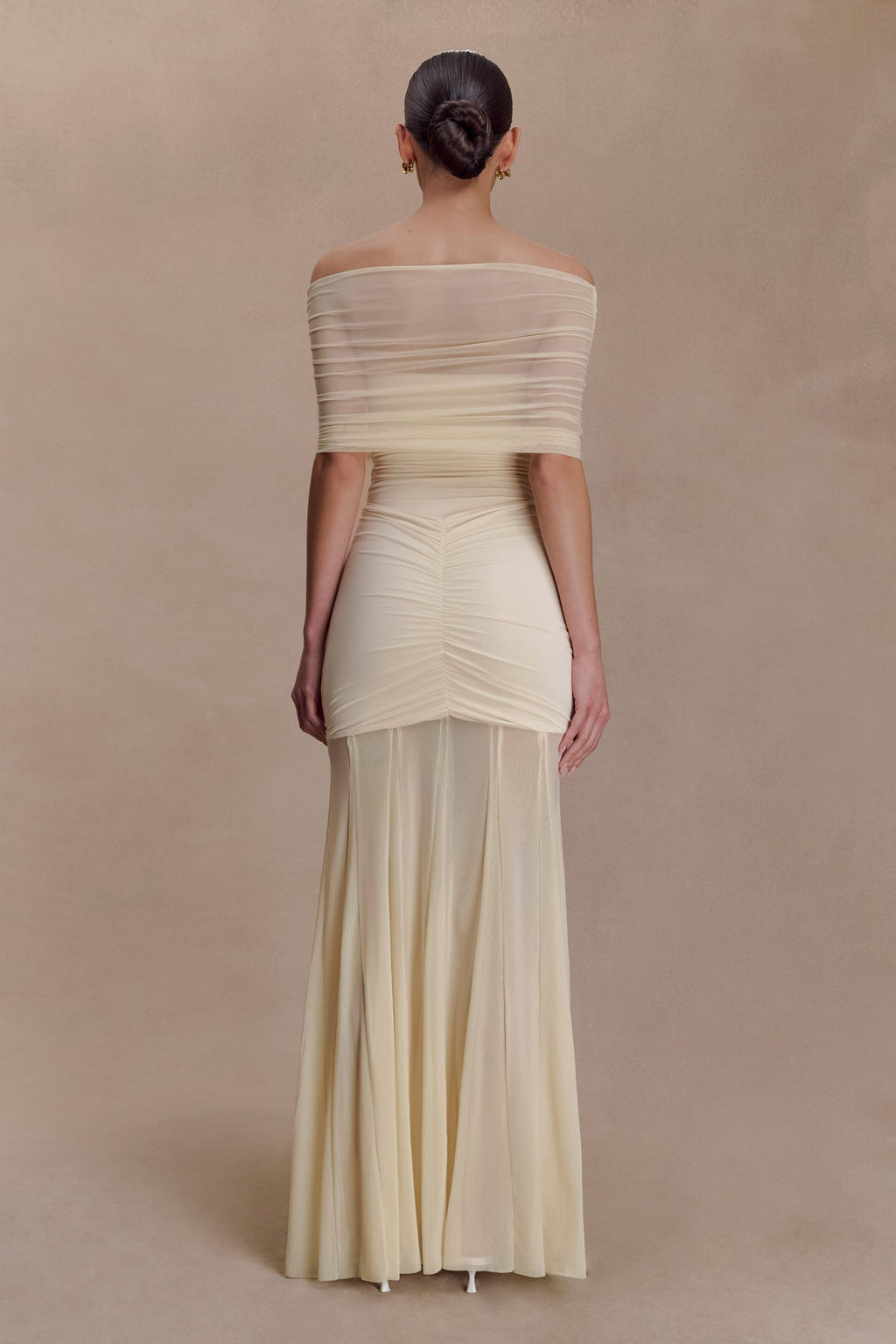 Slinky And Mesh Off Shoulder Maxi Dress - Ivory