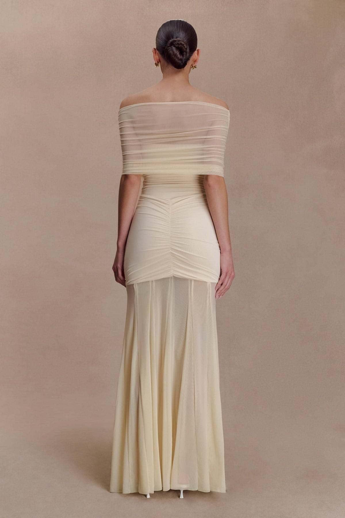 Slinky And Mesh Off Shoulder Maxi Dress - Ivory