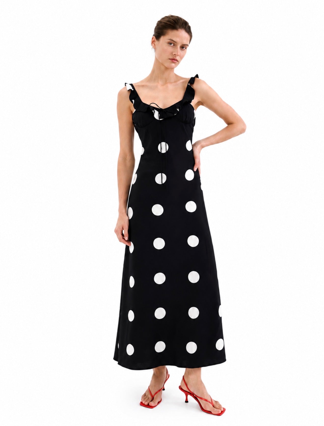 PIPER DRESS - SATIN MIDI SLIP DRESS IN DOT
