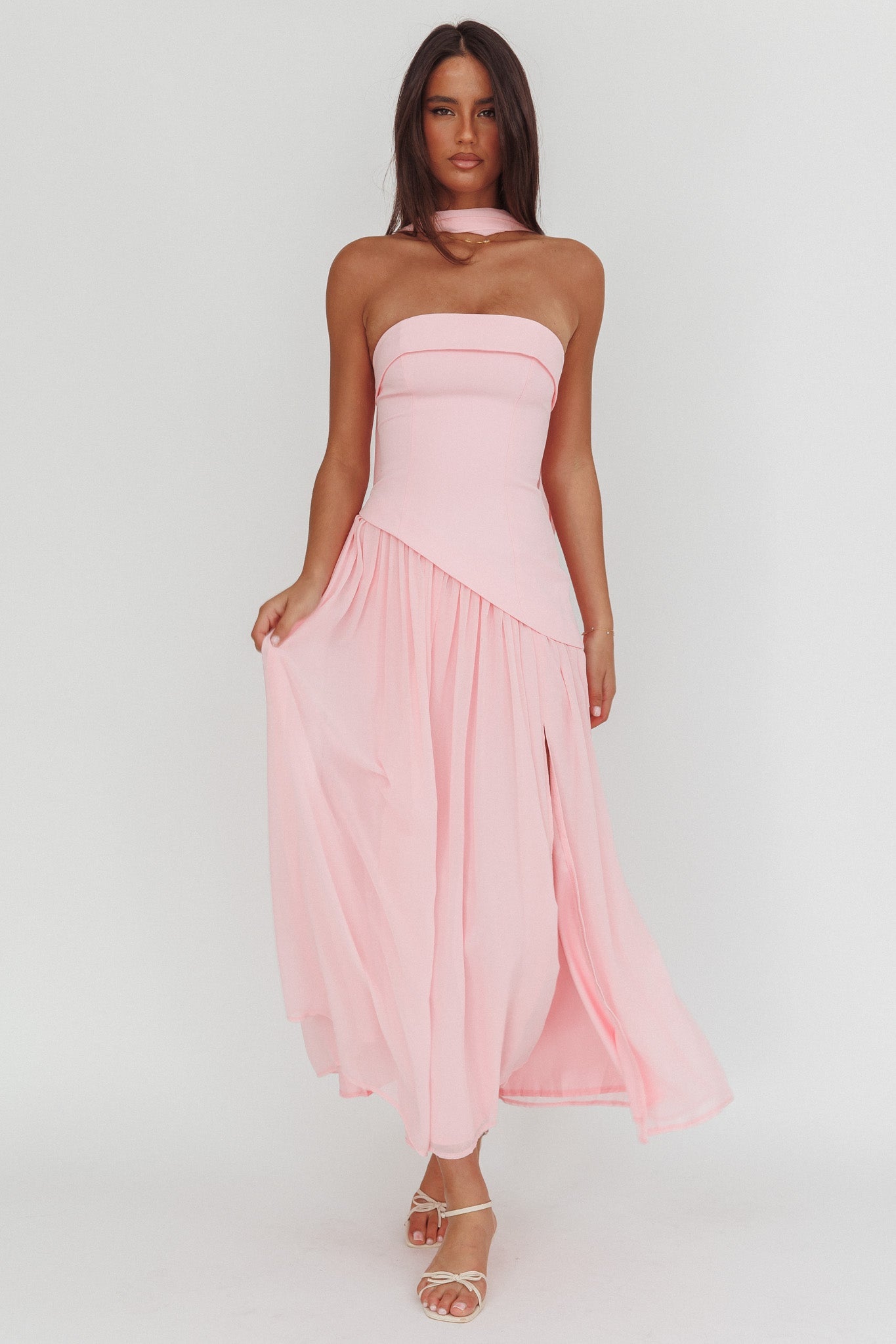Rosewater Roads Strapless Maxi Dress.