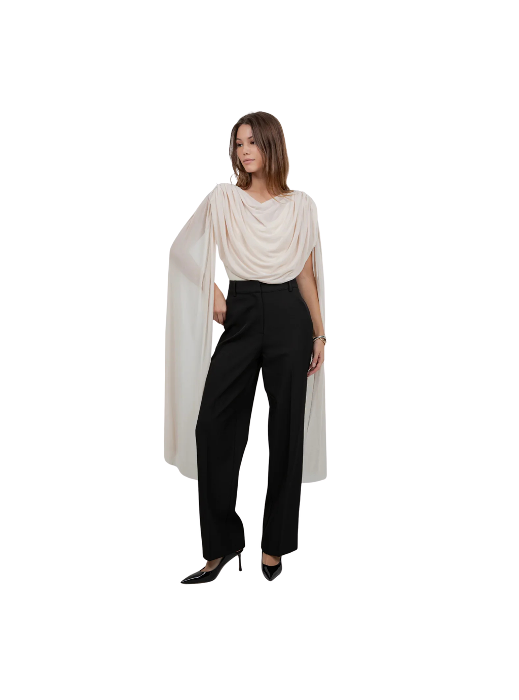 KNITTED BODYSUIT WITH CONTRAST MESH DRAPE CAPE