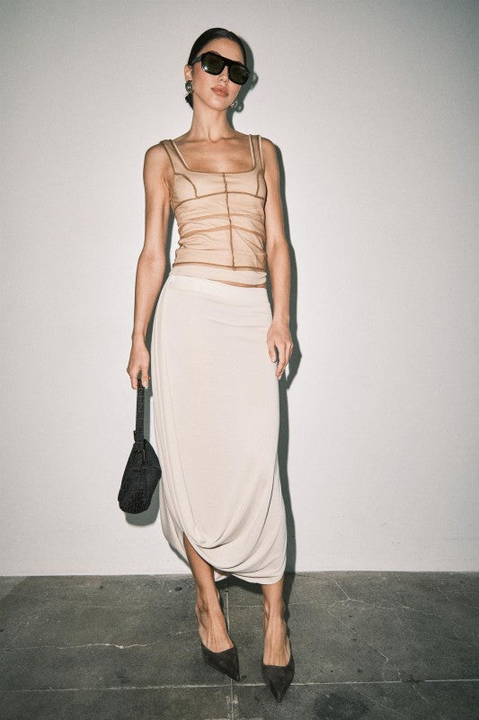 BRITT KNIT JERSEY DRAPED HEM MIDI SKIRT