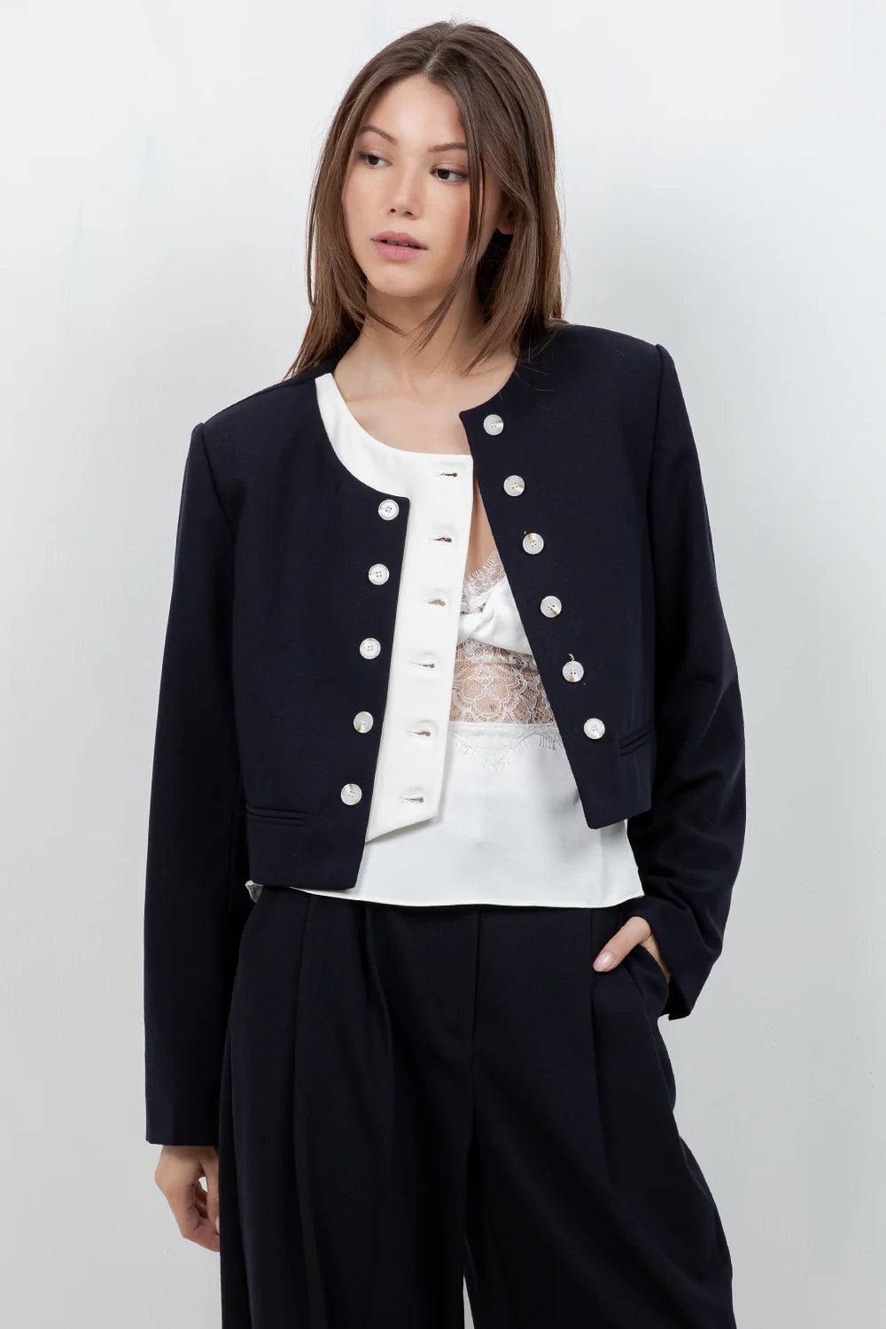 SOFT WOVEN DOUBLE PLACKET JACKET (NAVY/IVORY)