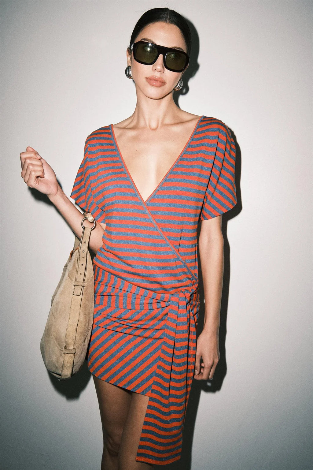 GABRIETTE STRIPED KNIT WRAP FRONT DOLMAN SLEEVE MINI DRESS