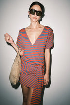 GABRIETTE STRIPED KNIT WRAP FRONT DOLMAN SLEEVE MINI DRESS