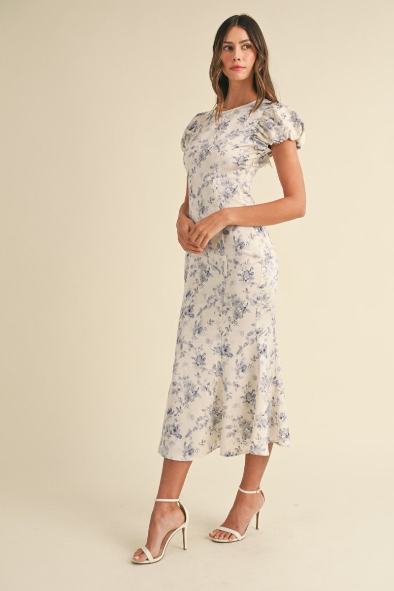 Floral print satin puff short sleeve mermaid midi dress