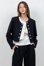 SOFT WOVEN DOUBLE PLACKET JACKET (NAVY/IVORY)