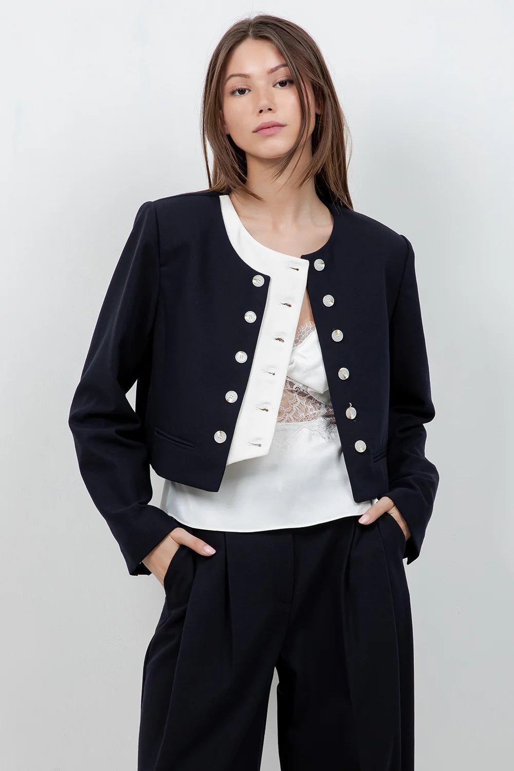 SOFT WOVEN DOUBLE PLACKET JACKET (NAVY/IVORY)