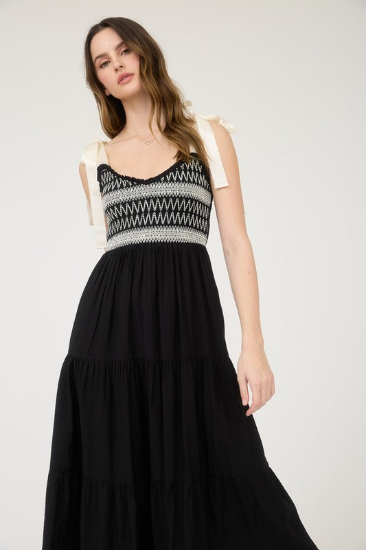 Embroidered Detail Ribbon Strap Tiered Maxi
Dress