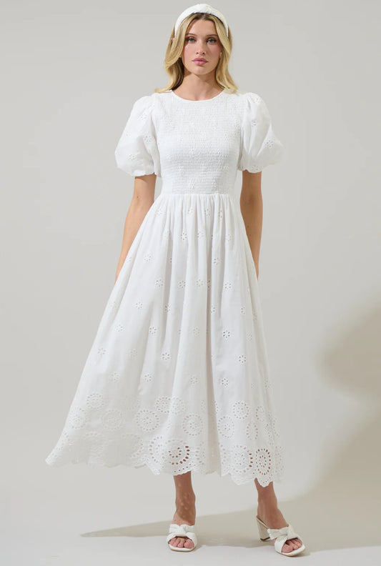 Deana Eyelet Smocked Midi Dress