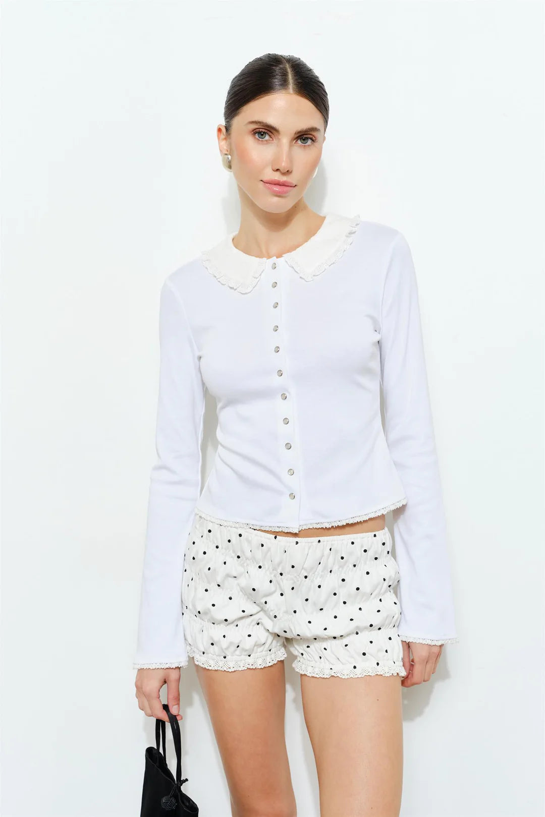 ELOWEN LACE-TRIMMED PETER PAN COLLAR BUTTON-FRONT TOP