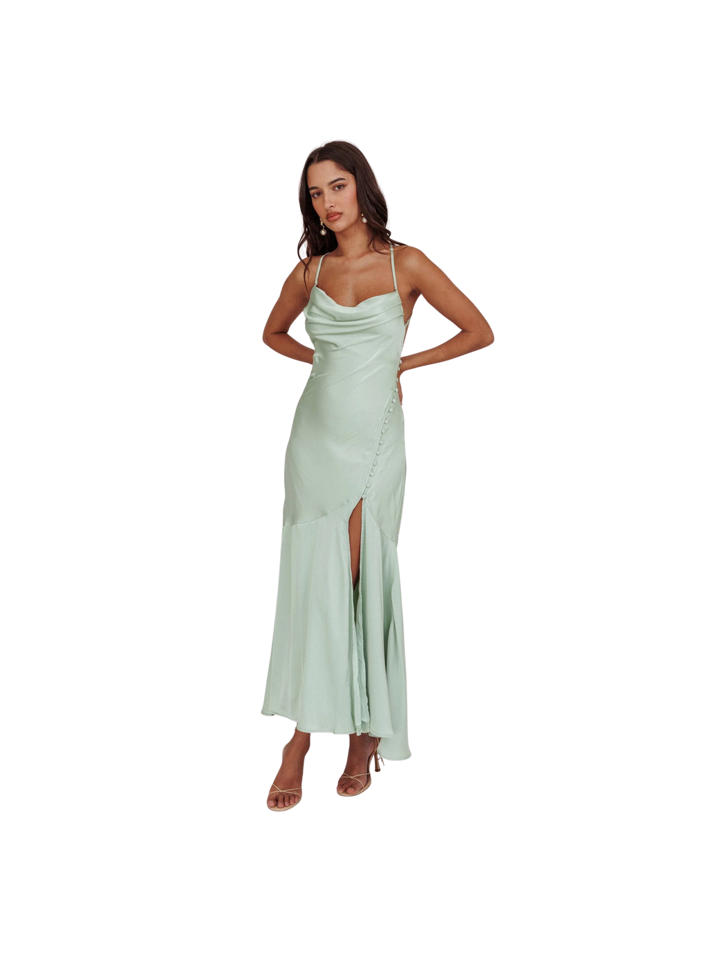 Elpis Cowl Button Satin Maxi Dress Mint