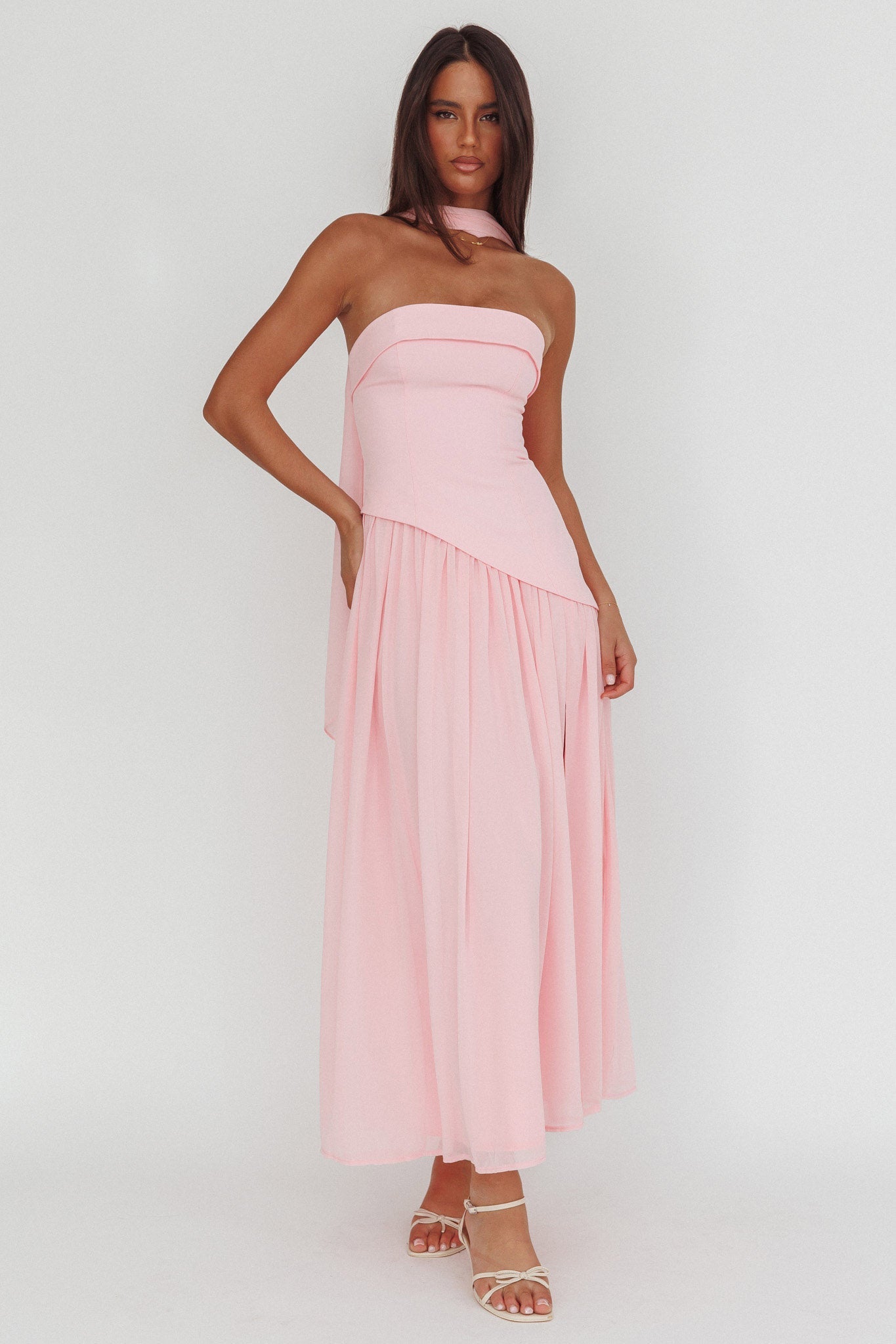 Rosewater Roads Strapless Maxi Dress.