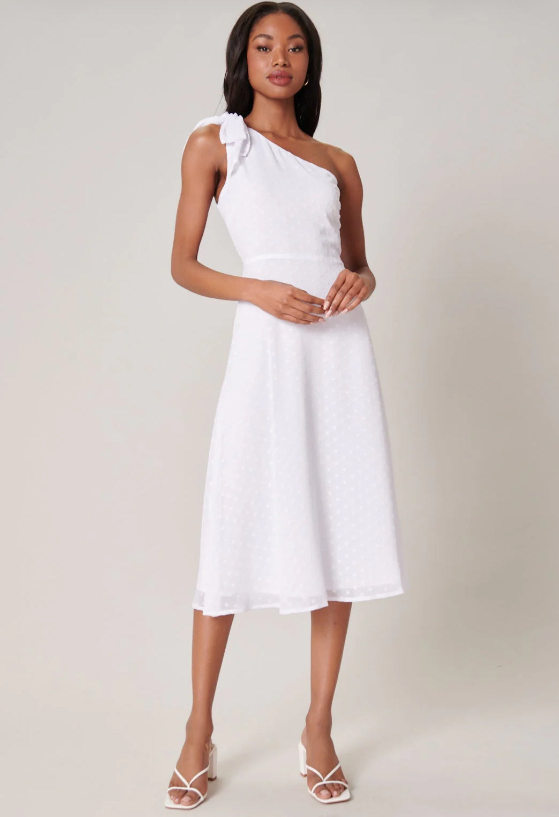 Kismet Chiffon Dot One Shoulder Midi Dress