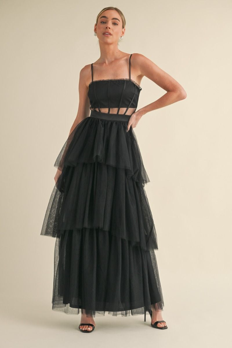 tulle mesh ruffle tiered maxi dress