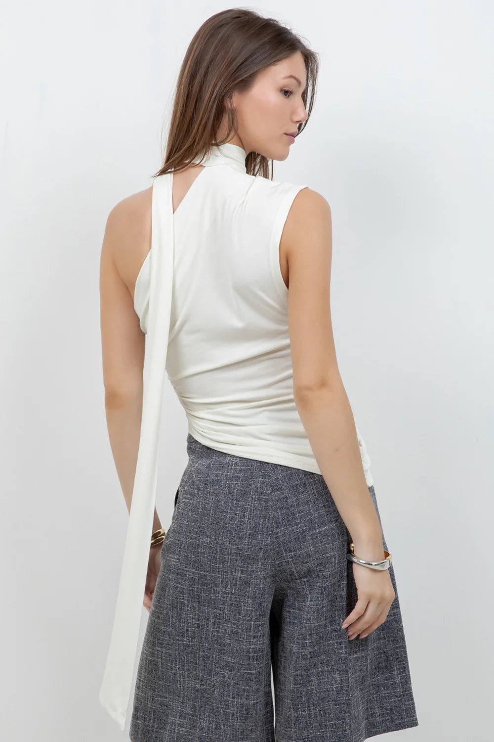 SOFT KNIT ASYMMETRICAL TOP WITH WRAP AROUND SCARF (IVORY)