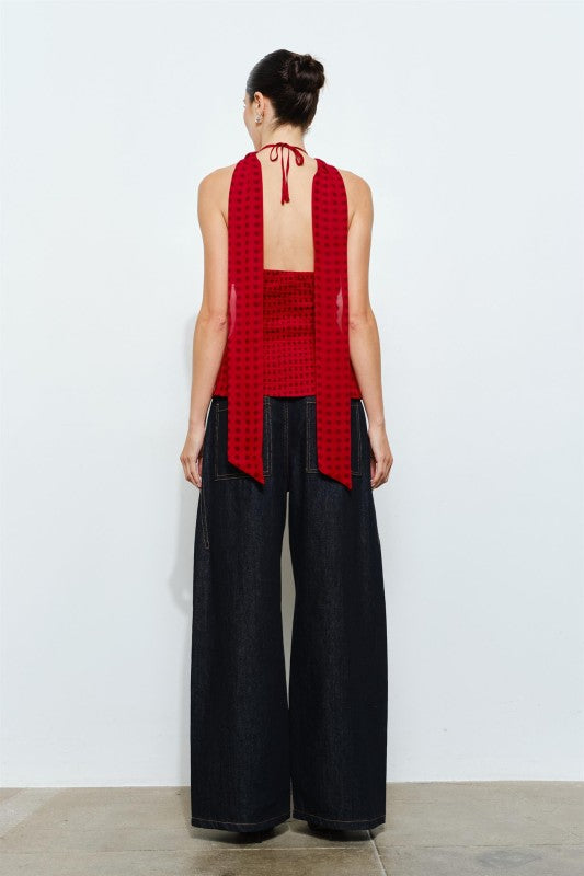 red and black polka dot print top