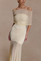 Slinky And Mesh Off Shoulder Maxi Dress - Ivory