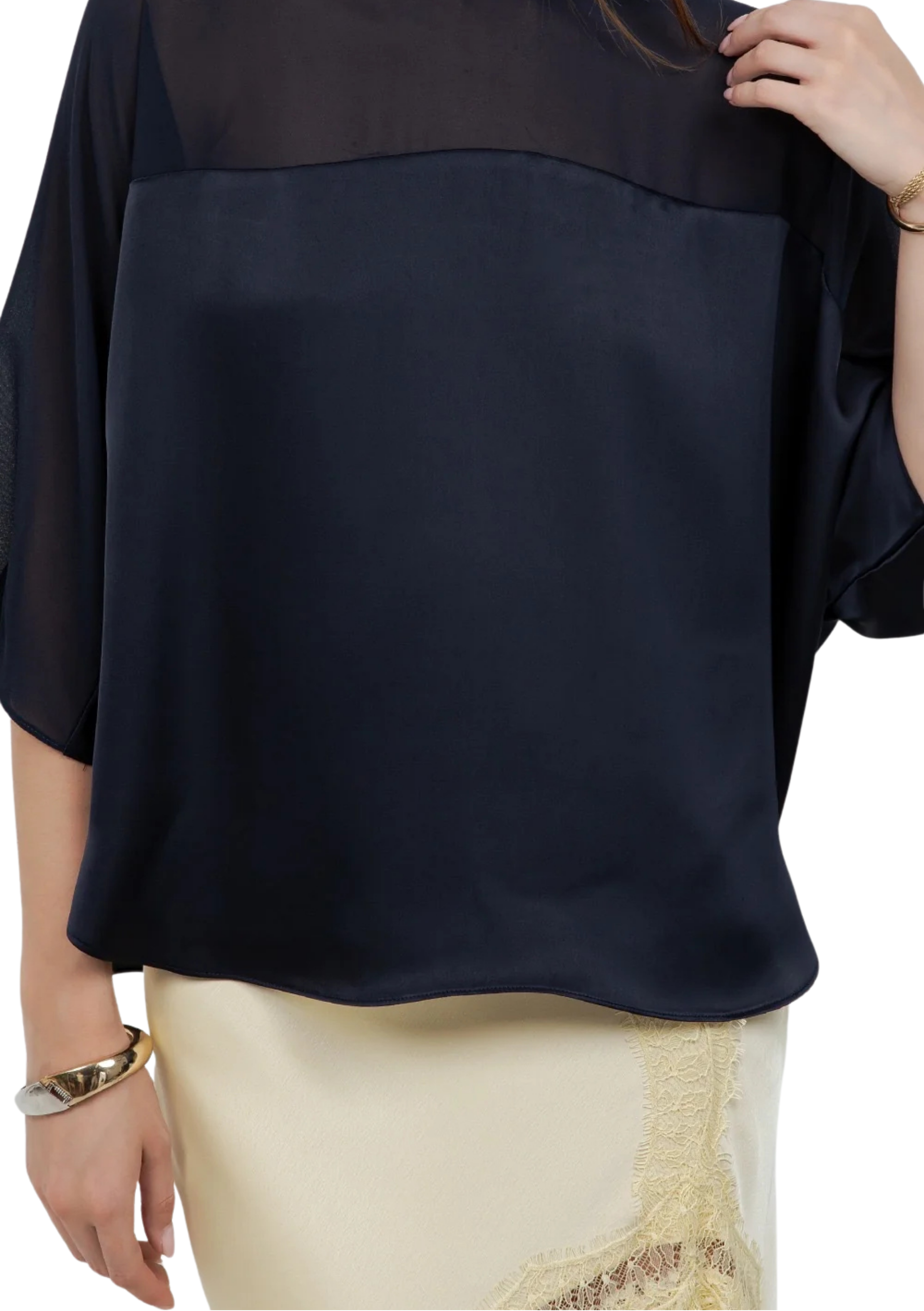 Amélie Satin Chiffon Blouse – Navy
