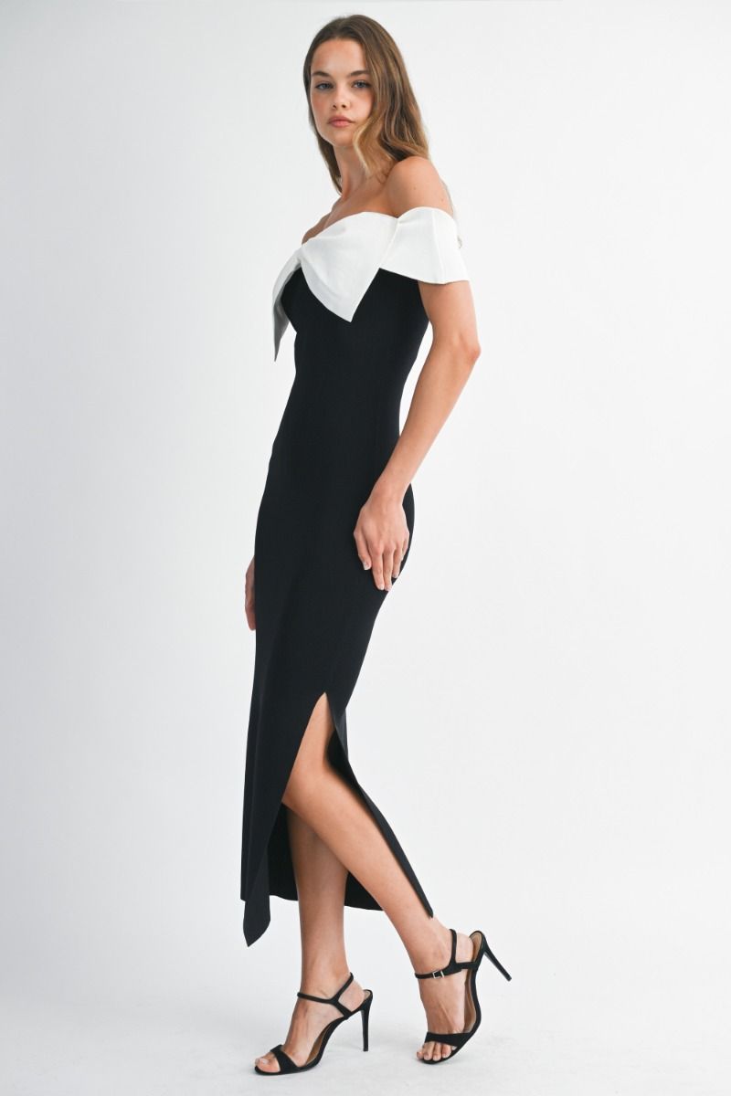 Solid sweater knit off shoulder front contrast ribbon bow detail bodycon midi dress
