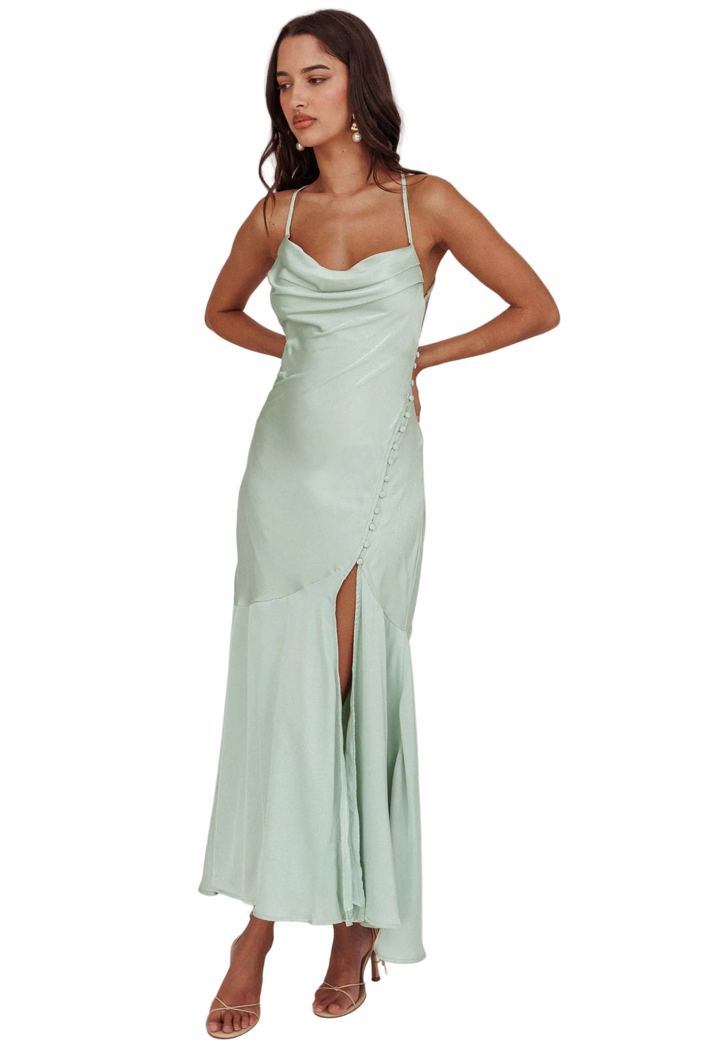 Elpis Cowl Button Satin Maxi Dress Mint