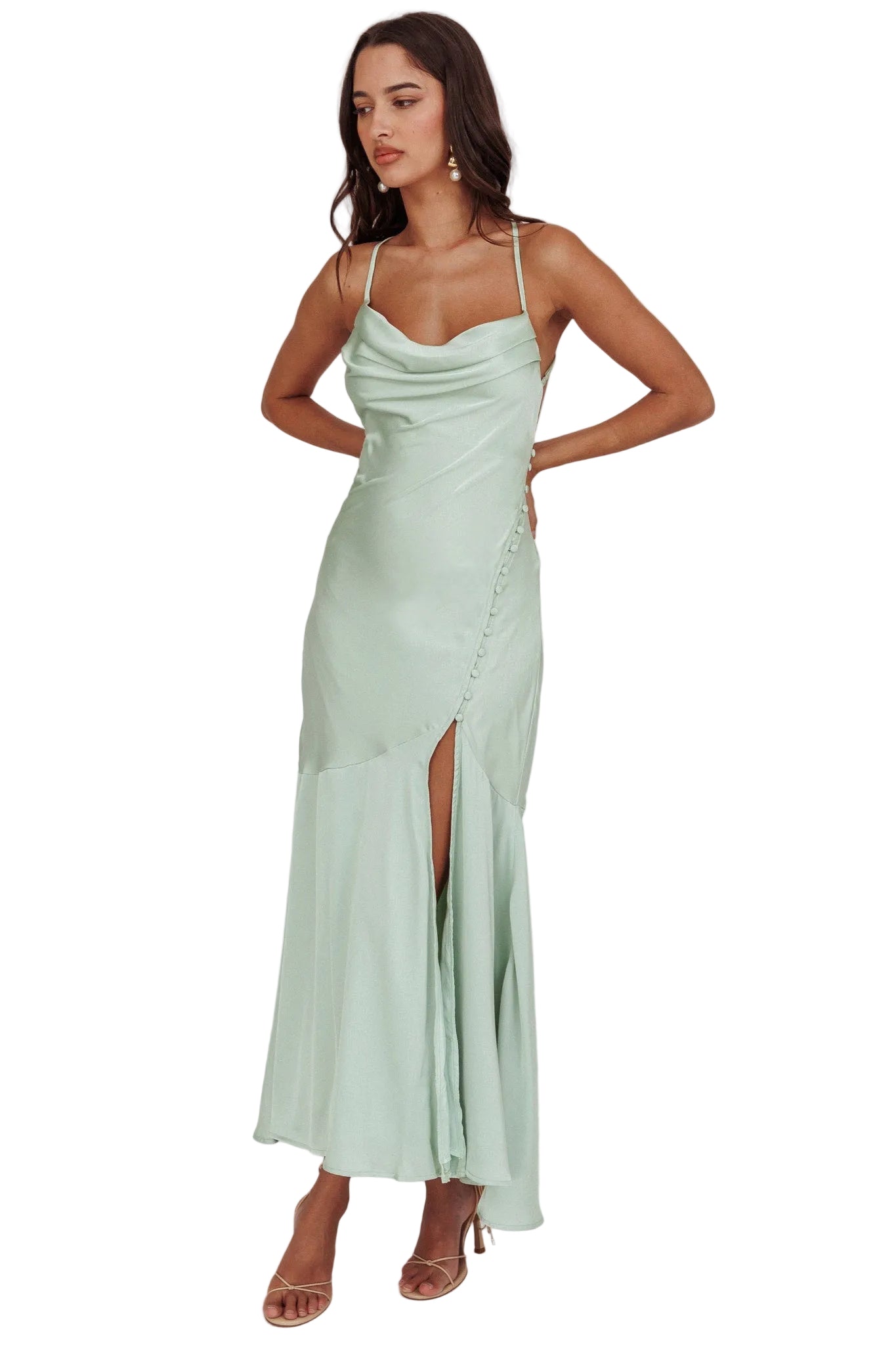 Elpis Cowl Button Satin Maxi Dress Mint