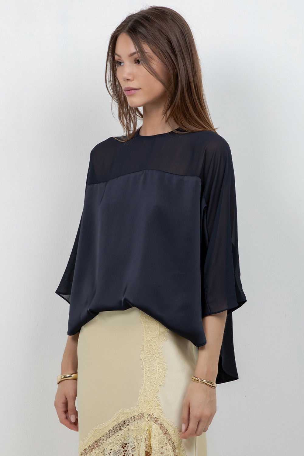 Amélie Satin Chiffon Blouse – Navy