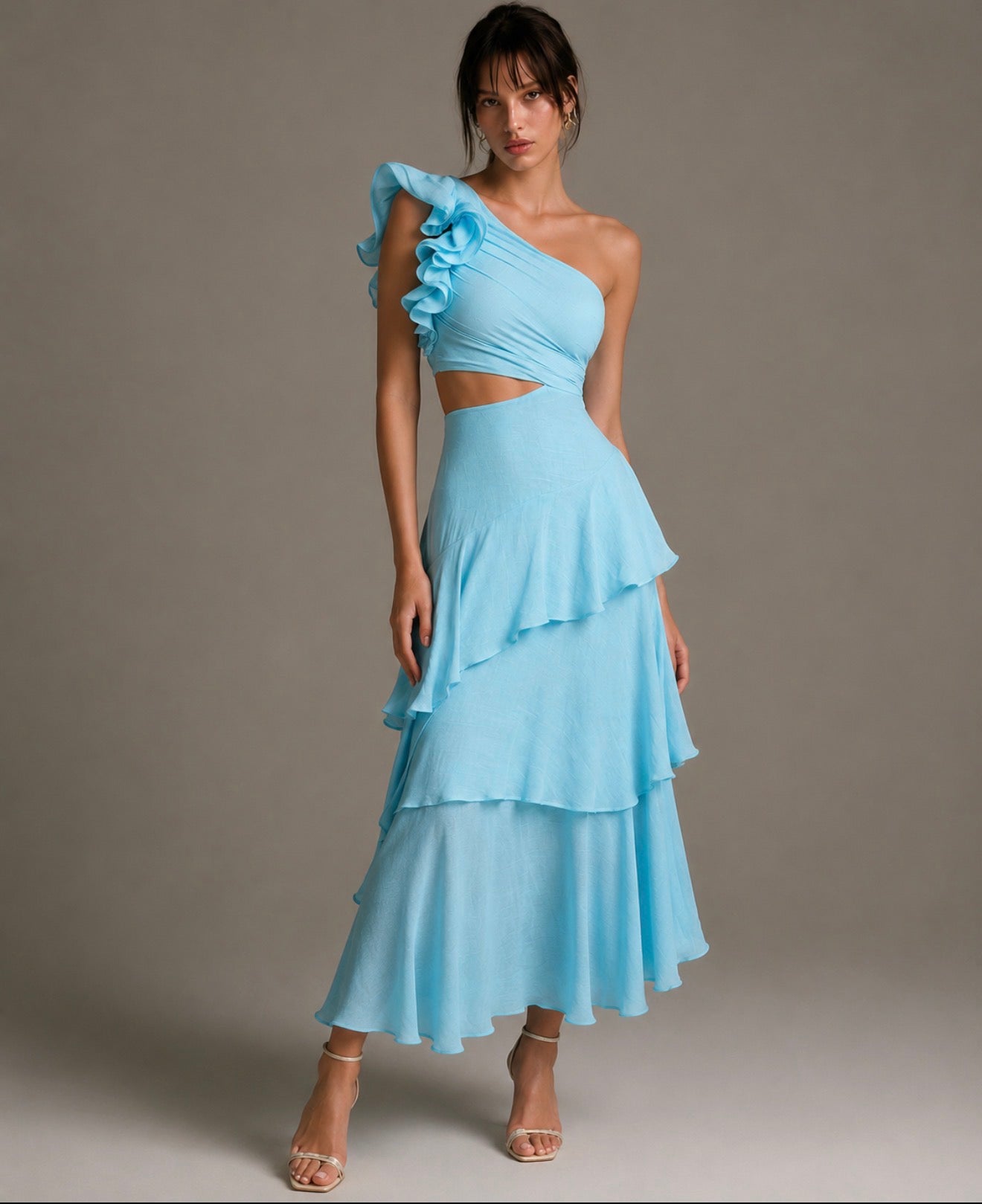 Deanna One-Shoulder Tiered Maxi Dress- blue