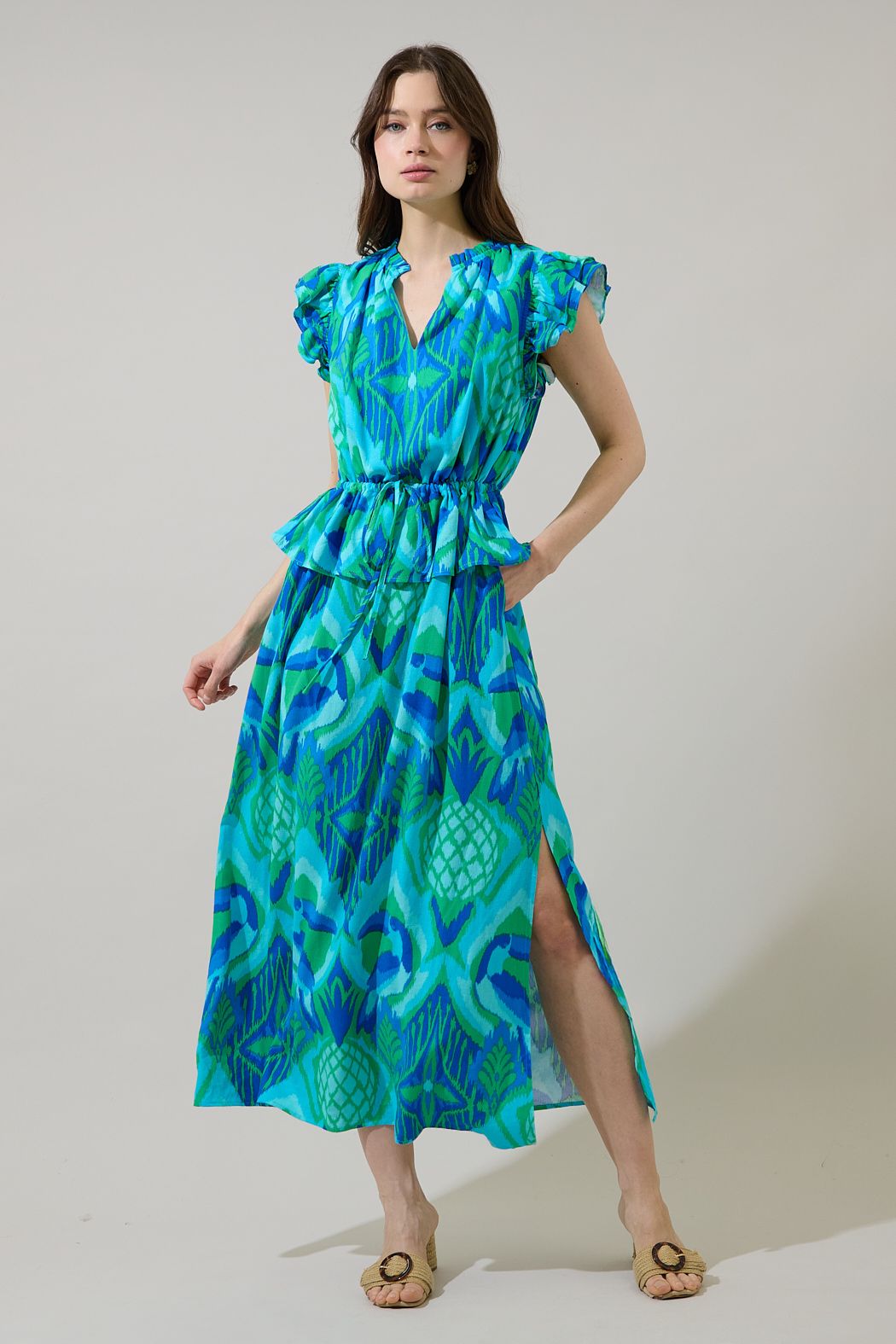 Blissy Tropical Astra Ruffle Maxi Dress
