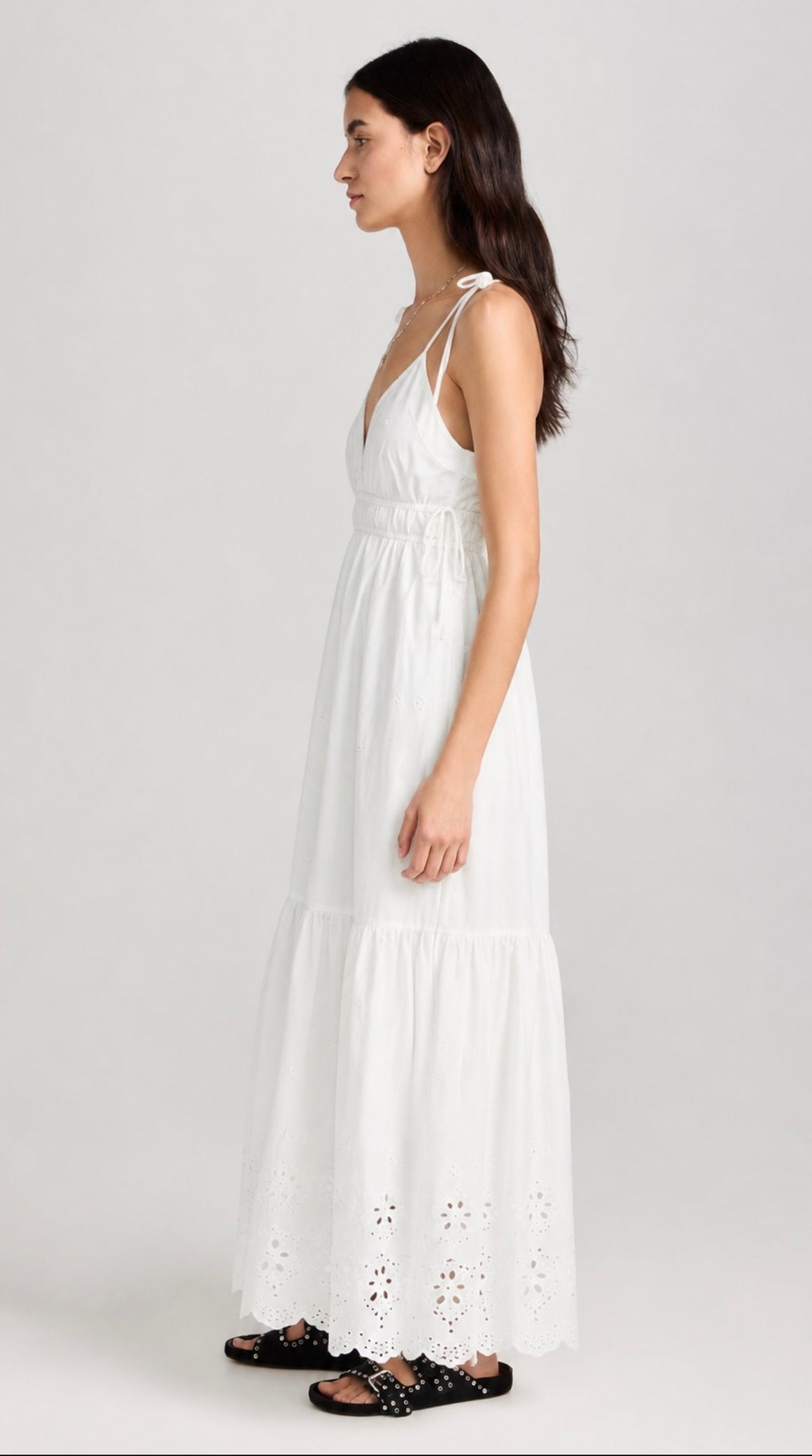 Self tie spaghetti straps eyelet lace maxi dress with side strap details