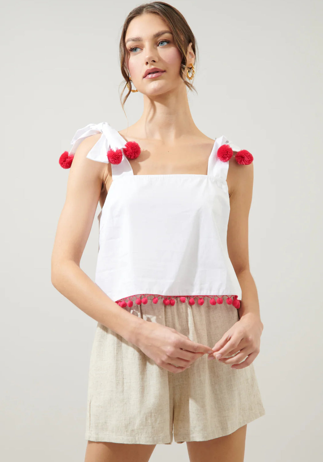 Milagro Tie Strap Cherry Pom Pom Crop Top