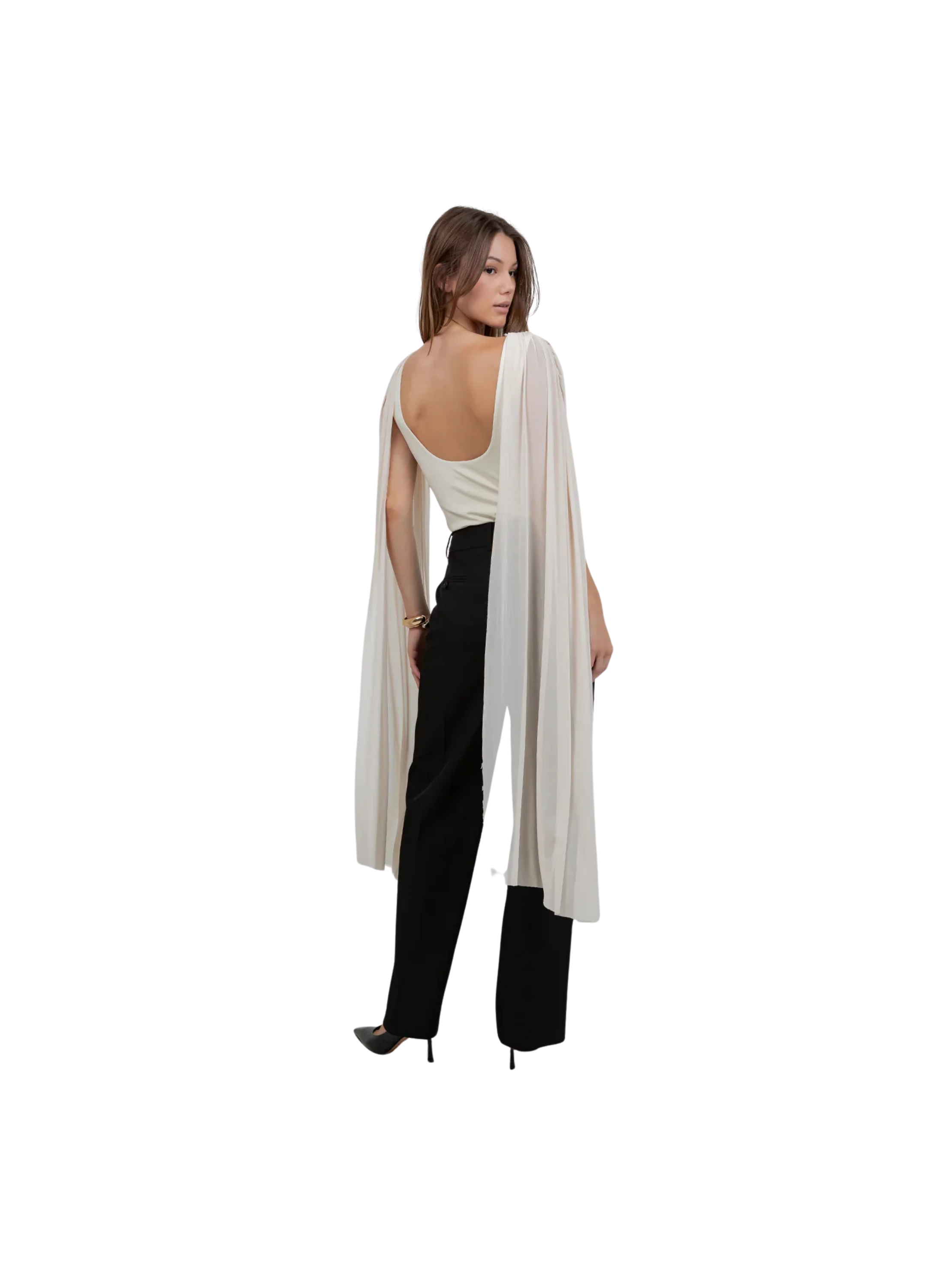 KNITTED BODYSUIT WITH CONTRAST MESH DRAPE CAPE