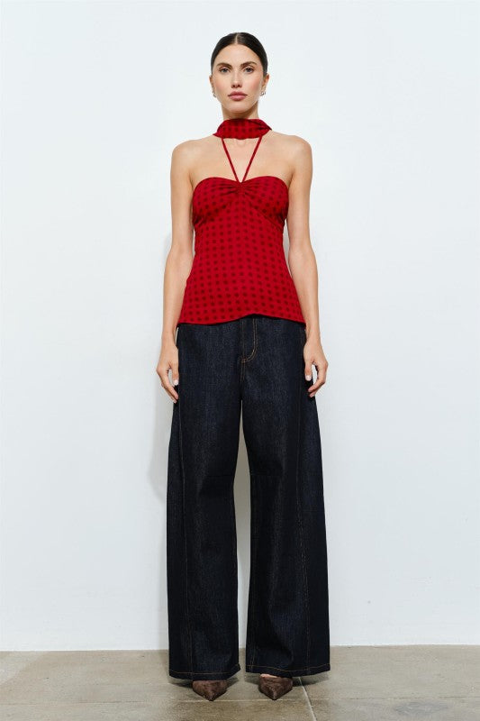 red and black polka dot print top