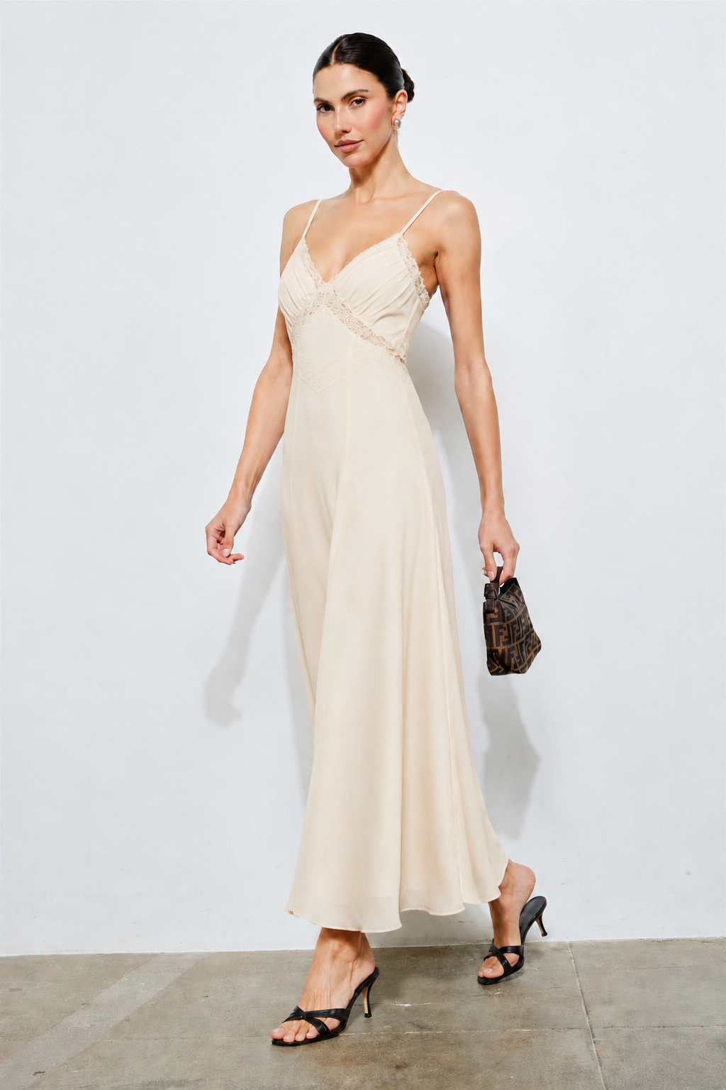 V-NECK CAMI LACE DETAIL CHIFFON MIDI
DRESS