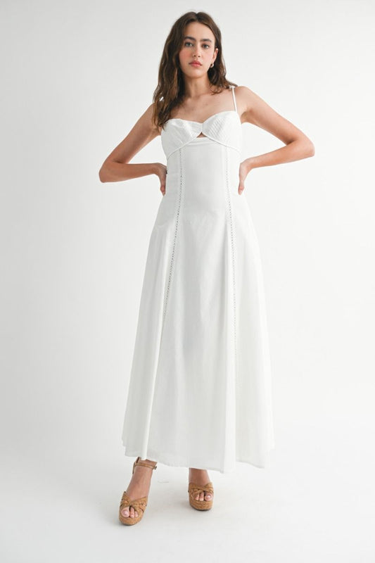 Solid adjustable spaghetti strap eyelet trim front cut out bustier fit and flare maxi dress with back self tie detail