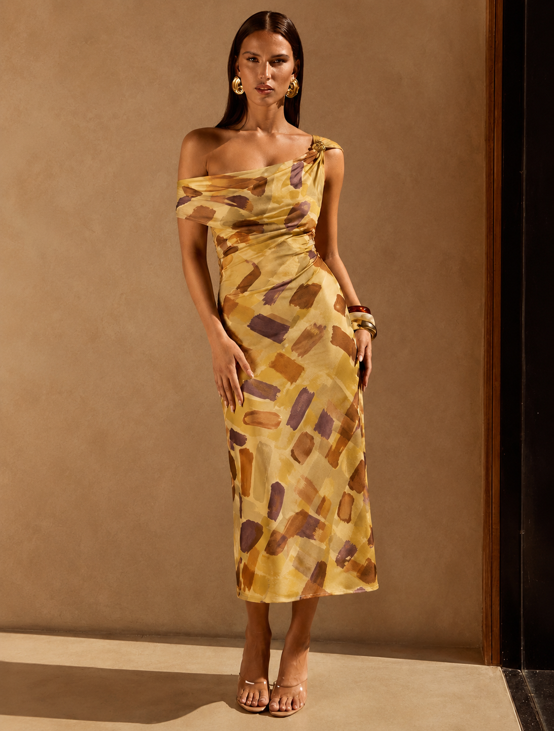 Checkmate Off The Shoulder Ruched Midi Dress